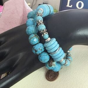 Western Turquoise Look Stone Beaded Bracelet Set Silver Tone Blue 2pc